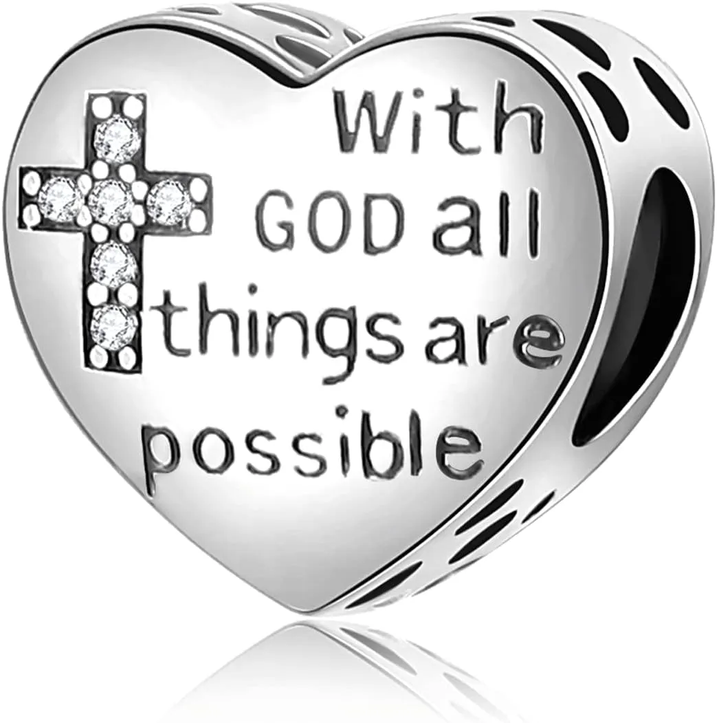 ORANGE FOREST 925 Sterling Silver Cross Charms for Charms Bracelet with God All Things are Possible Religious Heart Beads Jewelry Gift for Women
