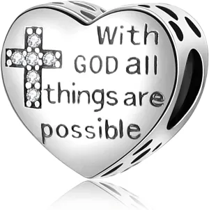 ORANGE FOREST 925 Sterling Silver Cross Charms for Charms Bracelet with God All Things are Possible Religious Heart Beads Jewelry Gift for Women
