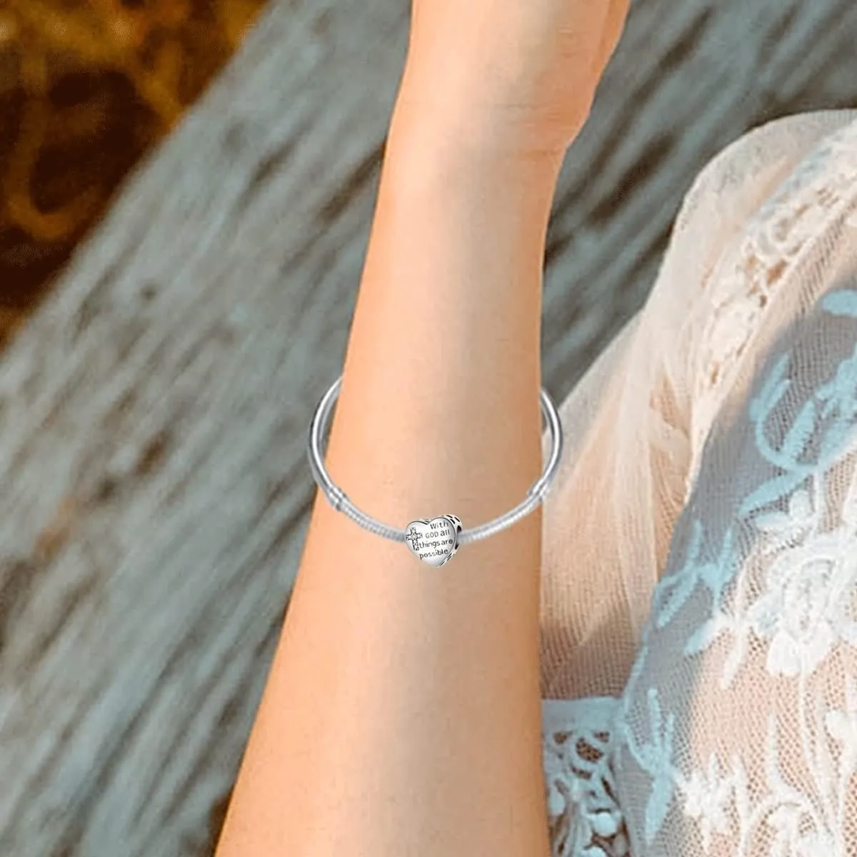 ORANGE FOREST 925 Sterling Silver Cross Charms for Charms Bracelet with God All Things are Possible Religious Heart Beads Jewelry Gift for Women