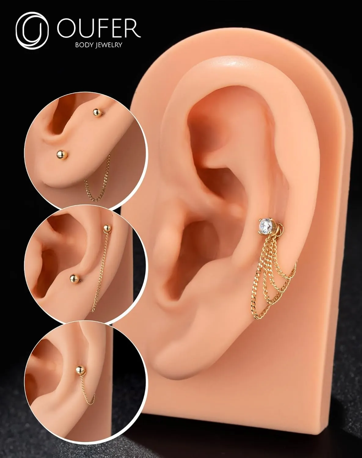 OUFER 14K Gold Earrings, Convertible Dangle Chain for Double Piercings, Drop Dangle Earrings