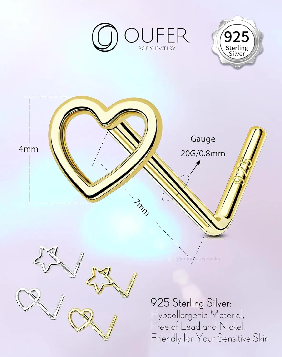 OUFER 925 Sterling Silver Gold Nose Rings, Heart Nose Studs For Women, Cute Nose Nostril Piercing Jewelry, L-Shaped 20G Nose Rings Studs-Gold Heart