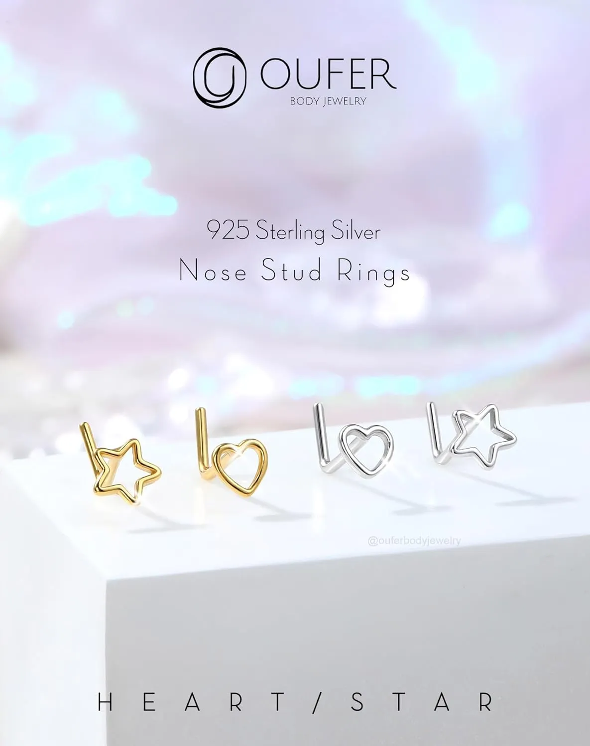 OUFER 925 Sterling Silver Gold Nose Rings, Heart Nose Studs For Women, Cute Nose Nostril Piercing Jewelry, L-Shaped 20G Nose Rings Studs-Gold Heart