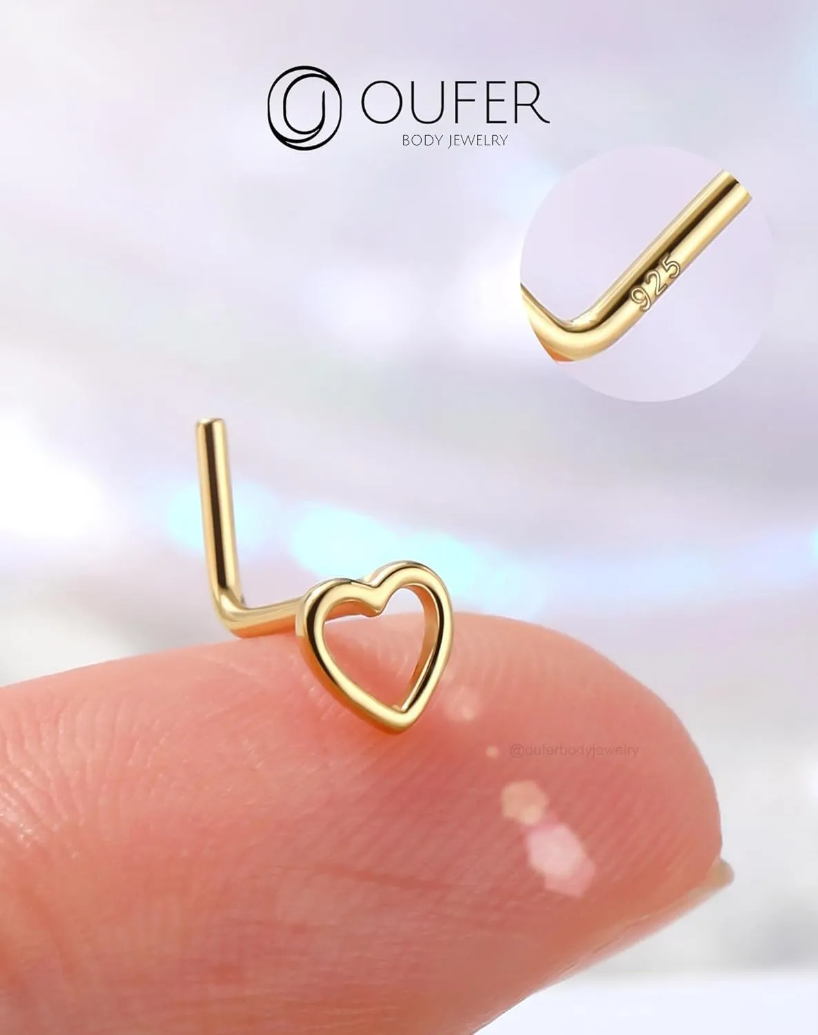 OUFER 925 Sterling Silver Gold Nose Rings, Heart Nose Studs For Women, Cute Nose Nostril Piercing Jewelry, L-Shaped 20G Nose Rings Studs-Gold Heart