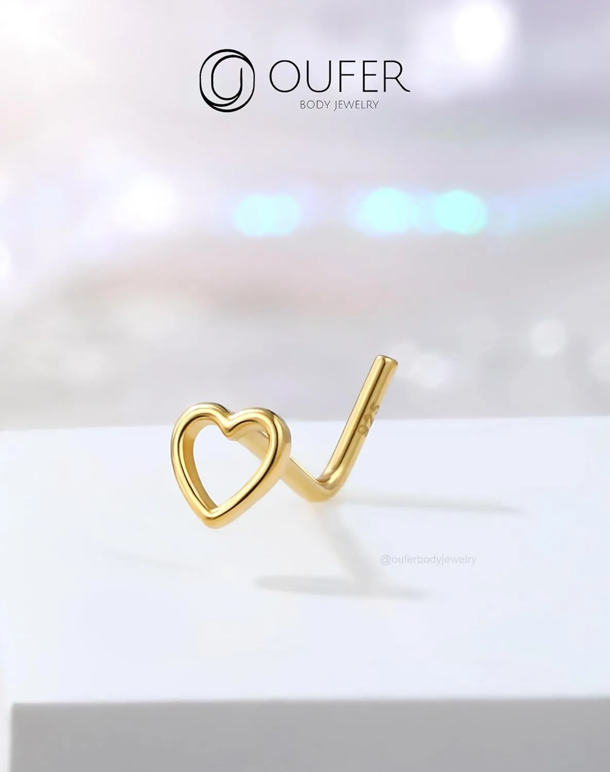 OUFER 925 Sterling Silver Gold Nose Rings, Heart Nose Studs For Women, Cute Nose Nostril Piercing Jewelry, L-Shaped 20G Nose Rings Studs-Gold Heart