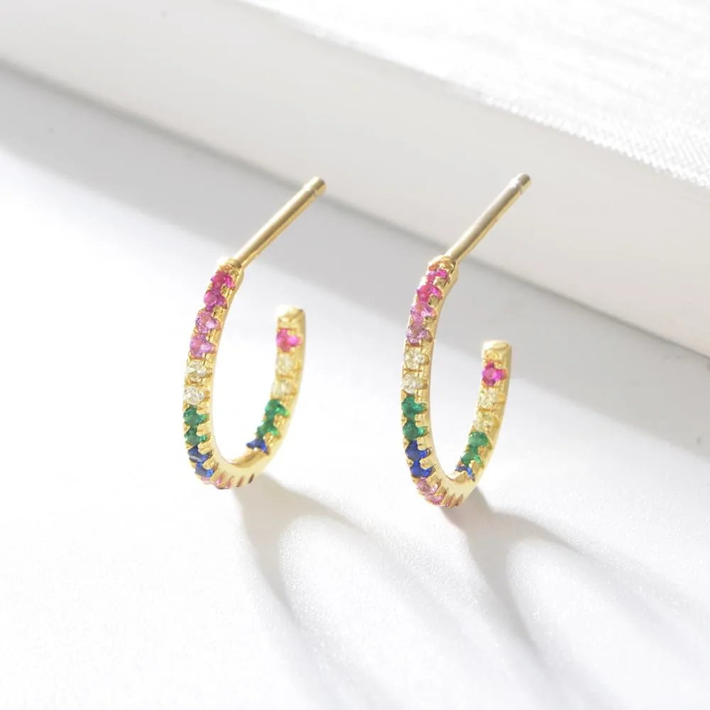 OUXi Hoop Earrings for Women, 18K Gold Plated C Shape Stud Earring, Rainbow Cubic Zirconia S925 Sterling Studs Hypoallergenic Jewelry Gifts for Women Trendy