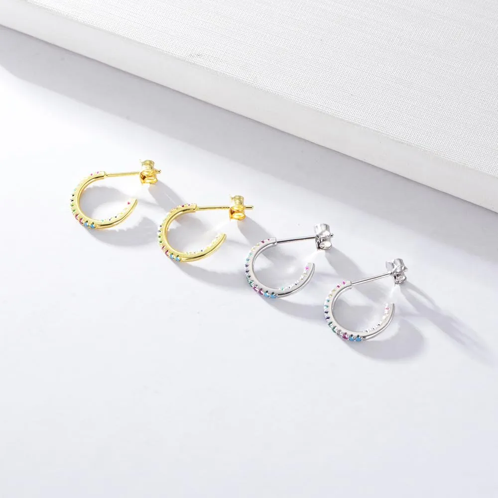 OUXi Hoop Earrings for Women, 18K Gold Plated C Shape Stud Earring, Rainbow Cubic Zirconia S925 Sterling Studs Hypoallergenic Jewelry Gifts for Women Trendy