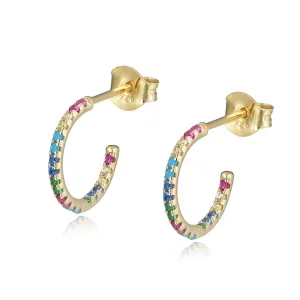 OUXi Hoop Earrings for Women, 18K Gold Plated C Shape Stud Earring, Rainbow Cubic Zirconia S925 Sterling Studs Hypoallergenic Jewelry Gifts for Women Trendy