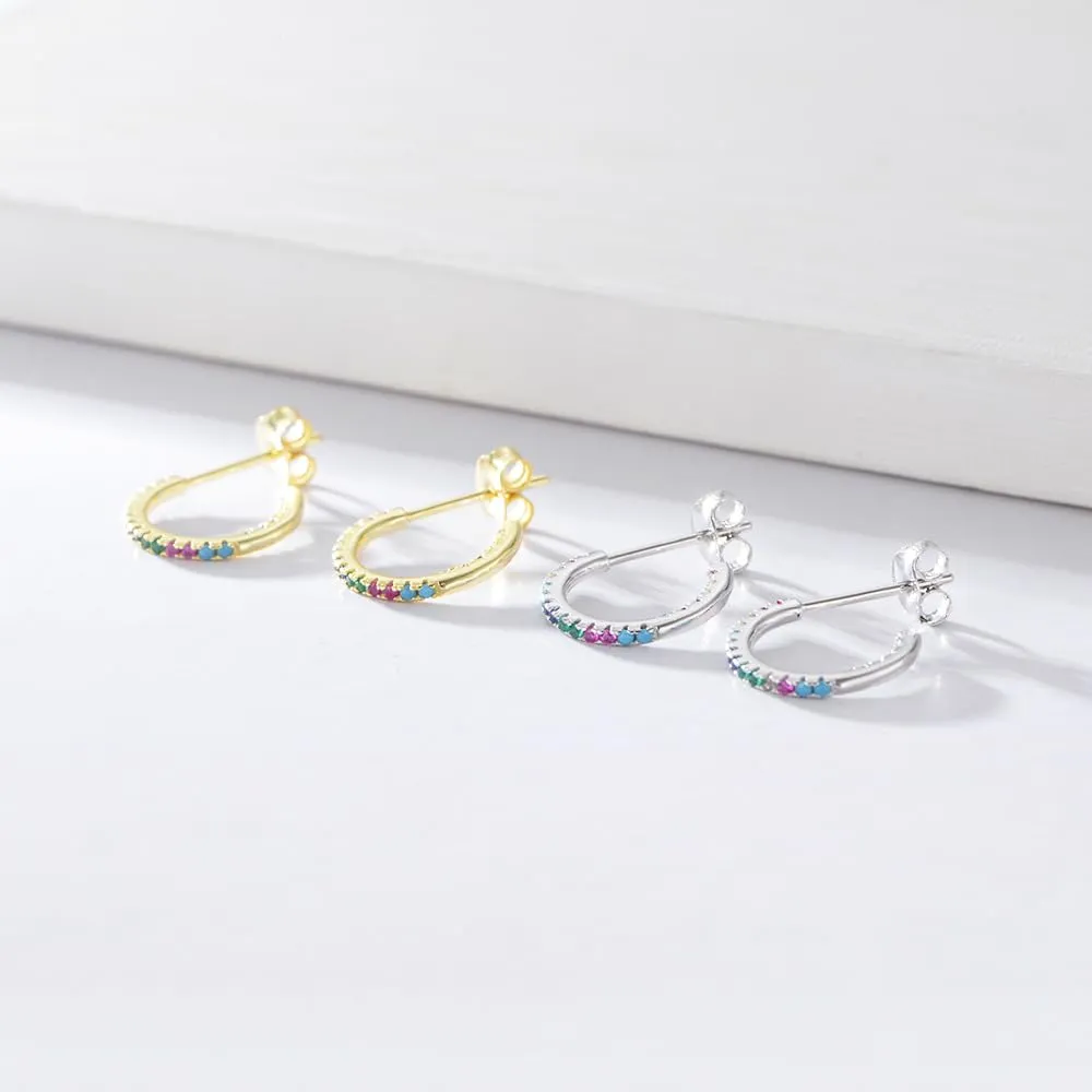 OUXi Hoop Earrings for Women, 18K Gold Plated C Shape Stud Earring, Rainbow Cubic Zirconia S925 Sterling Studs Hypoallergenic Jewelry Gifts for Women Trendy