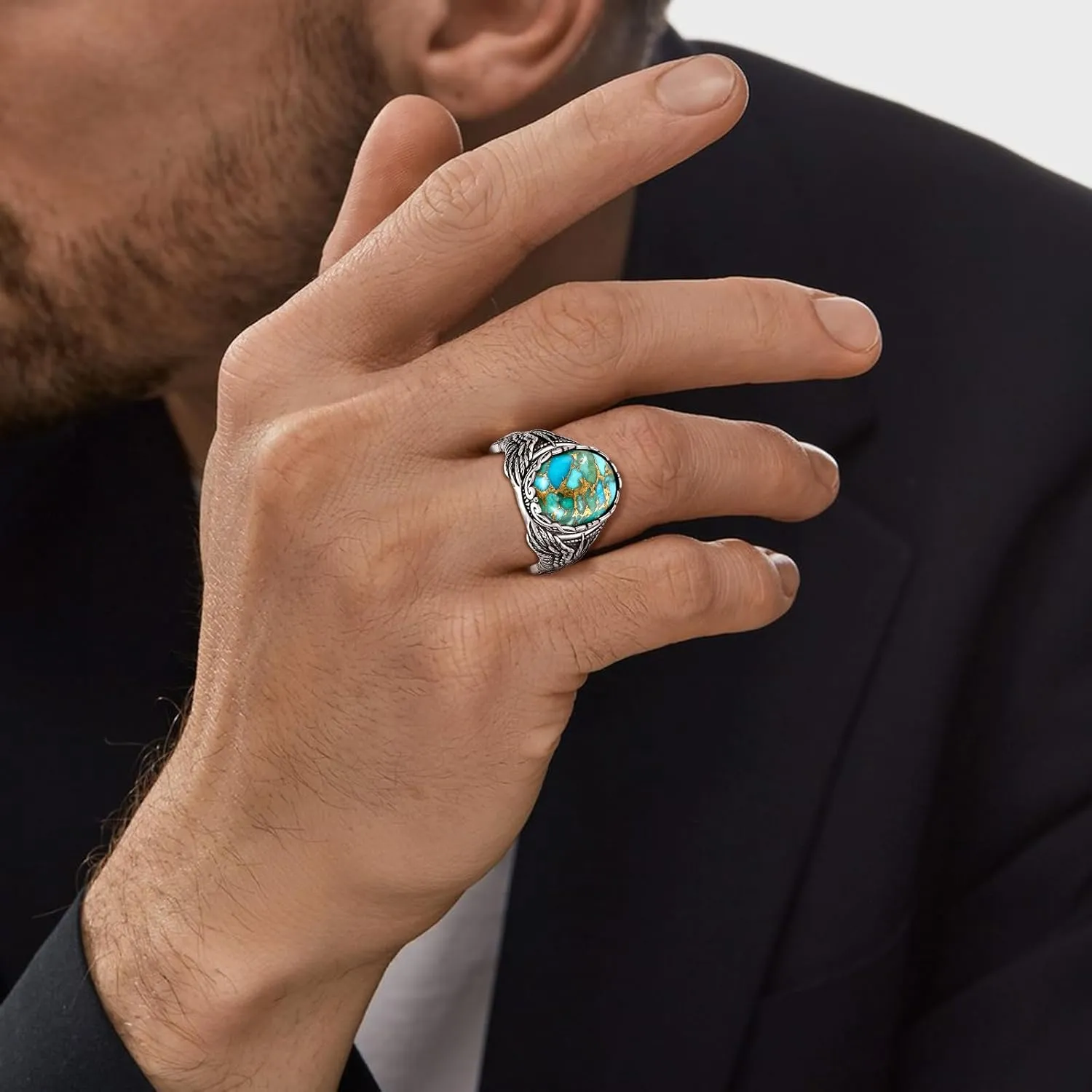 Oval Men's Turquoise Eagle Wings Ring, Sterling Silver Vintage Mens Thumb Pinky Ring, Oxidized Bezel Setting Teal Size 8-12