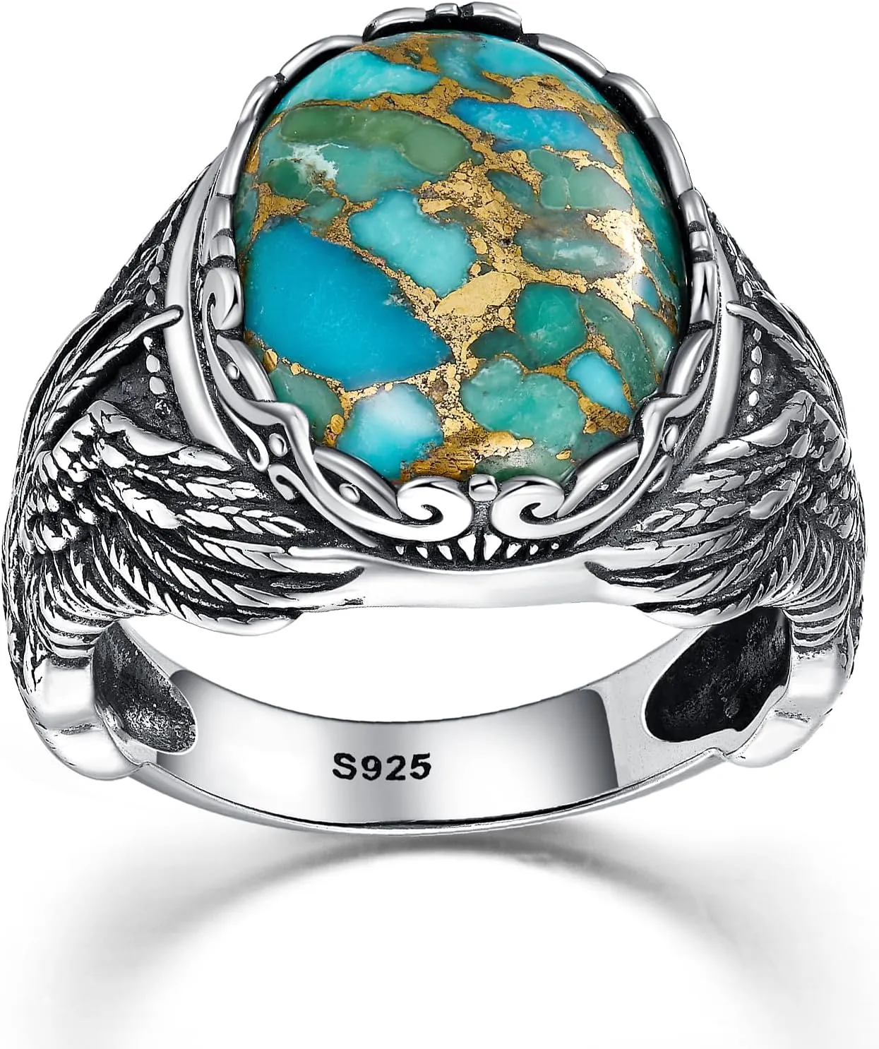 Oval Men's Turquoise Eagle Wings Ring, Sterling Silver Vintage Mens Thumb Pinky Ring, Oxidized Bezel Setting Teal Size 8-12