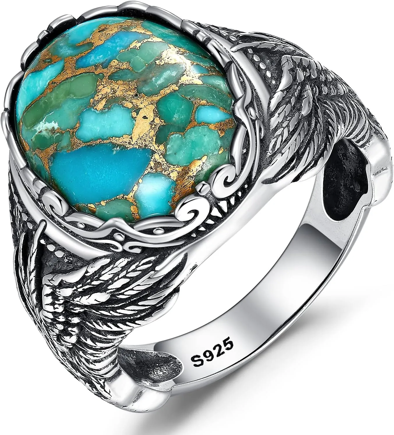 Oval Men's Turquoise Eagle Wings Ring, Sterling Silver Vintage Mens Thumb Pinky Ring, Oxidized Bezel Setting Teal Size 8-12