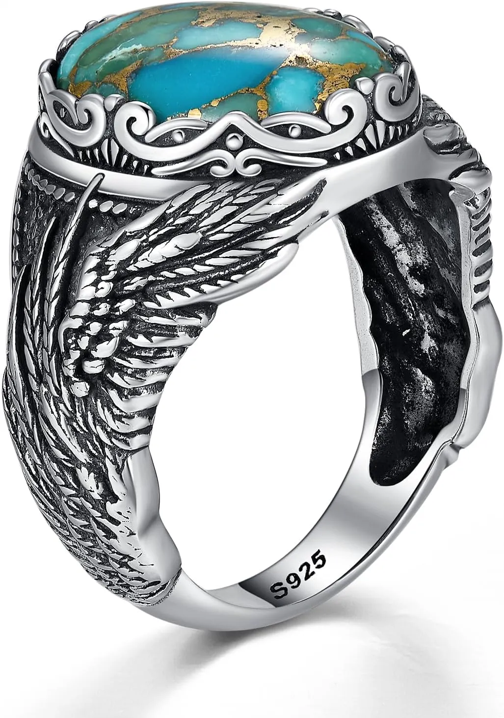 Oval Men's Turquoise Eagle Wings Ring, Sterling Silver Vintage Mens Thumb Pinky Ring, Oxidized Bezel Setting Teal Size 8-12