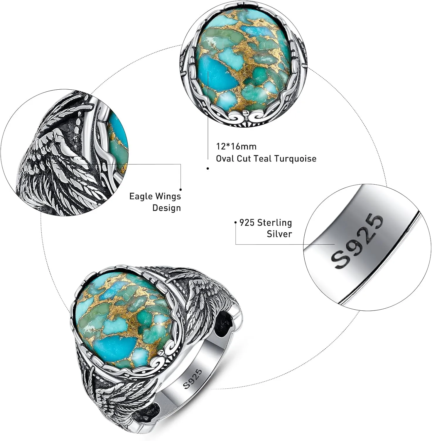 Oval Men's Turquoise Eagle Wings Ring, Sterling Silver Vintage Mens Thumb Pinky Ring, Oxidized Bezel Setting Teal Size 8-12