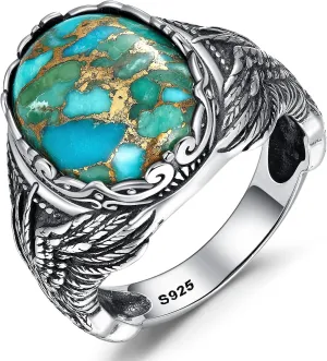 Oval Men's Turquoise Eagle Wings Ring, Sterling Silver Vintage Mens Thumb Pinky Ring, Oxidized Bezel Setting Teal Size 8-12