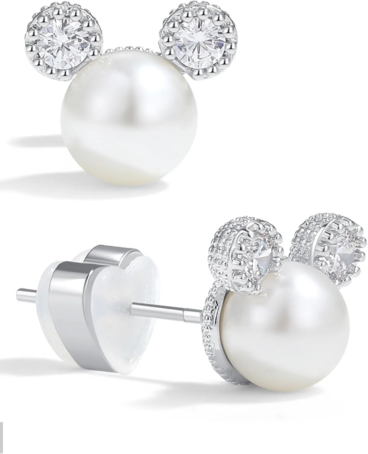 PANSTAR Pearl Earrings for Women - Hypoallergenic 925 Sterling Silver Posts with Pearls & Zircon Gems - Lightweight Mini Mouse Studs with Gift Box