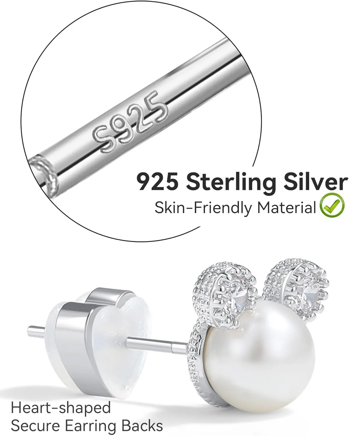 PANSTAR Pearl Earrings for Women - Hypoallergenic 925 Sterling Silver Posts with Pearls & Zircon Gems - Lightweight Mini Mouse Studs with Gift Box