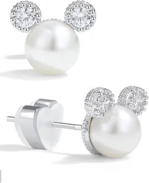 PANSTAR Pearl Earrings for Women - Hypoallergenic 925 Sterling Silver Posts with Pearls & Zircon Gems - Lightweight Mini Mouse Studs with Gift Box