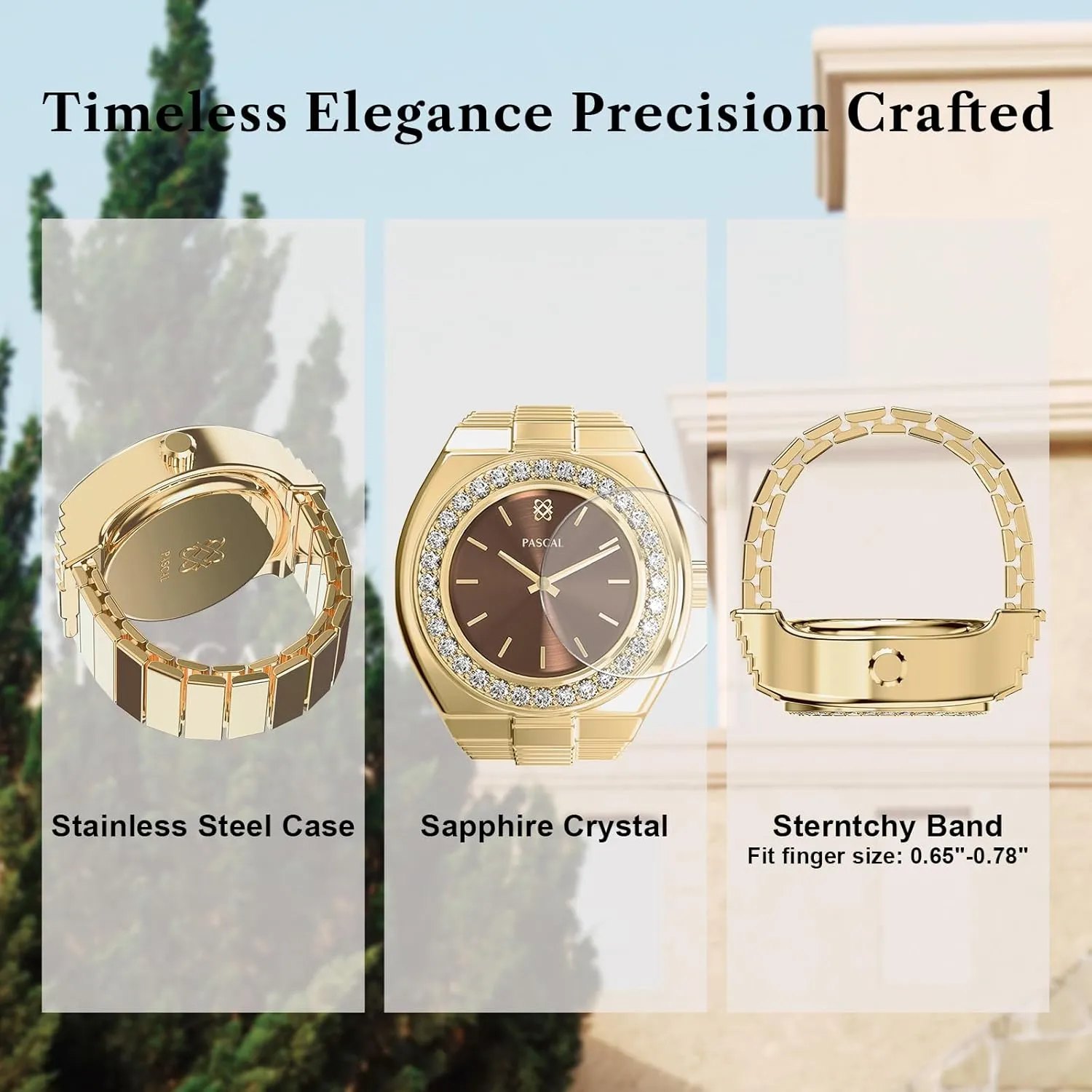 PASCAL Luxe Classic Diamond Ring Watch for Women Gold Finger Watch, Quartz Movement, Scratch Resistant Sapphire Crystal, Stretch Band, Dainty Clock Ring Women Fits Finger Size 0.65"-0.78"