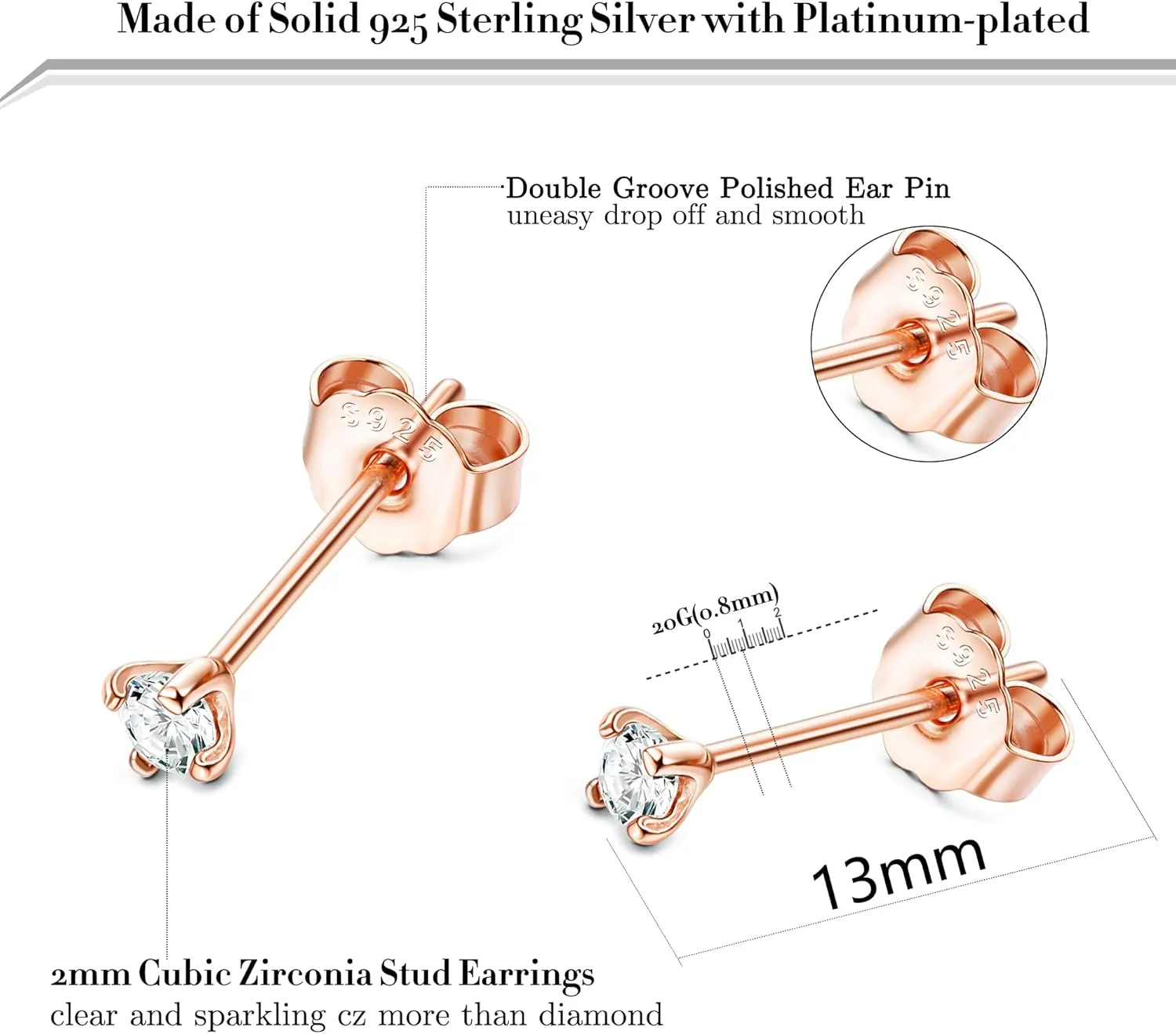 PATISORNA 925 Sterling Silver Long Post Earrings for Thick Earlobes | 2mm Tiny Cubic Zirconia Small Stud Earrings for Women Men Hypoallergenic