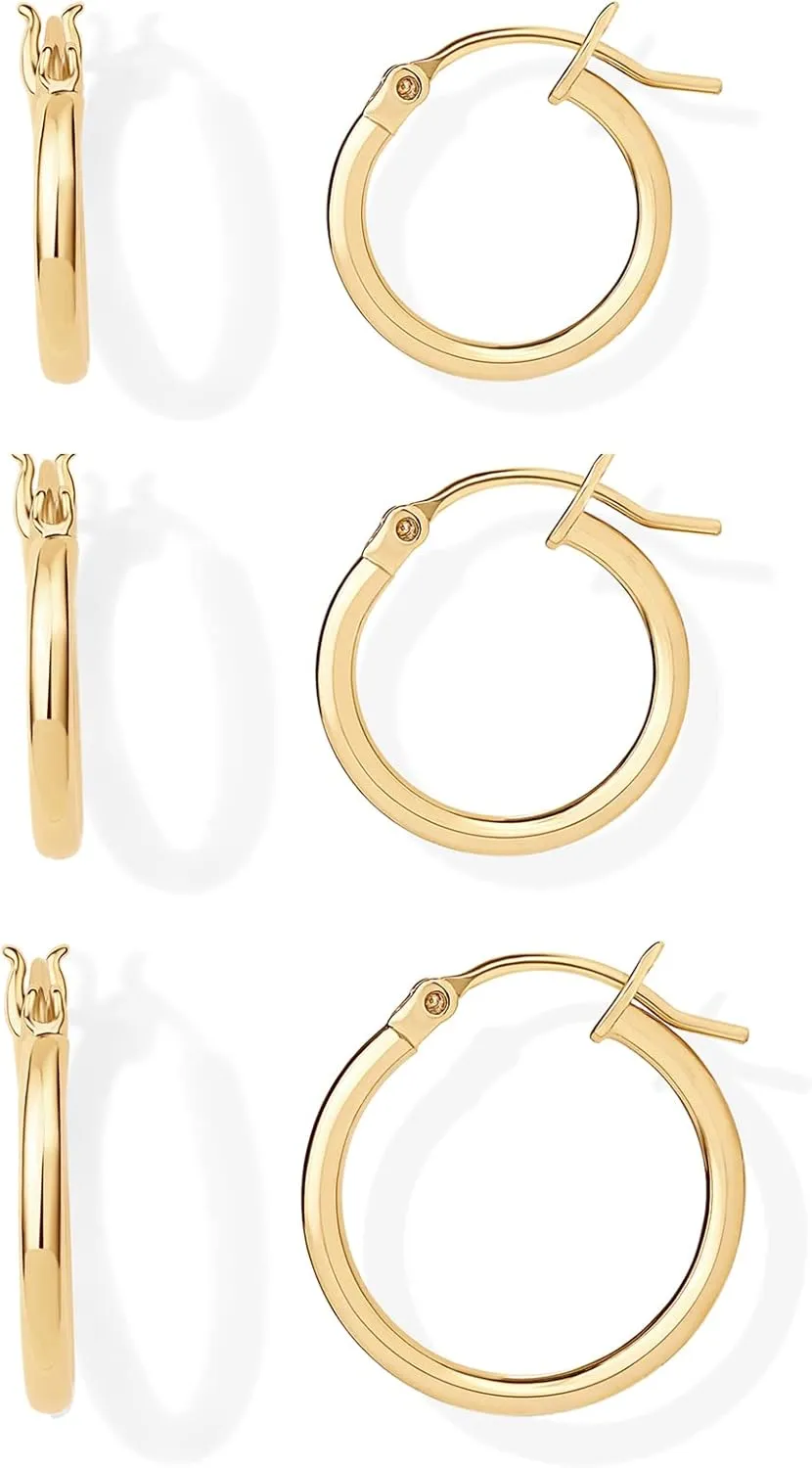 PAVOI 18K Gold Plated Sterling Silver Posts Small Hoop Earrings for Women - Trendy Geometric Plain Chunky Huggie Earscape Piercing Pack - Everyday Gold Hoop Earrings Set