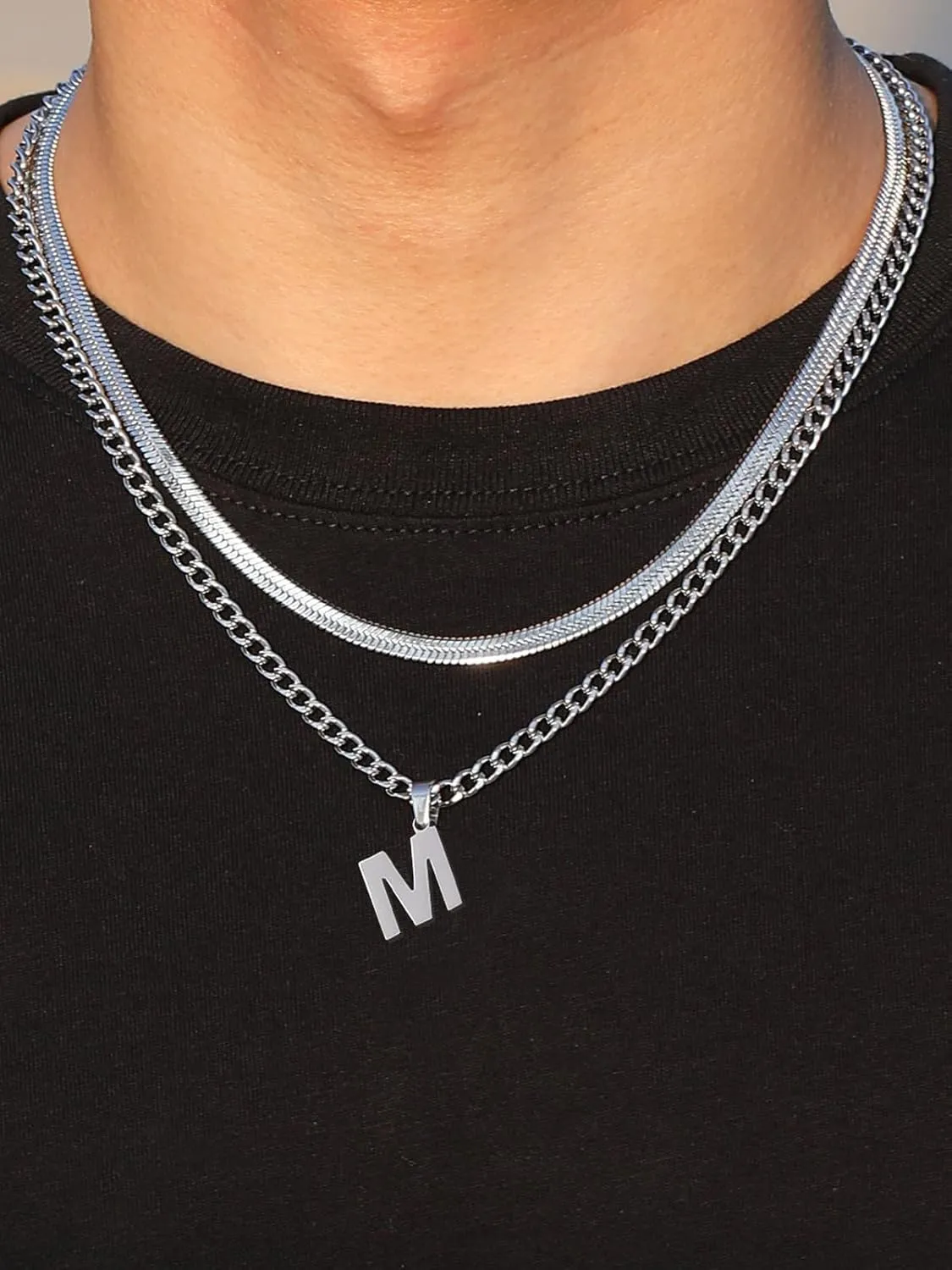 P.BLAKE Layered Initial A-Z Pendant Necklaces Graduation Gifts for Men Boys, Stainless Steel Letter Cuban Link Herringbone Chain Fashion Jewelry Gifts