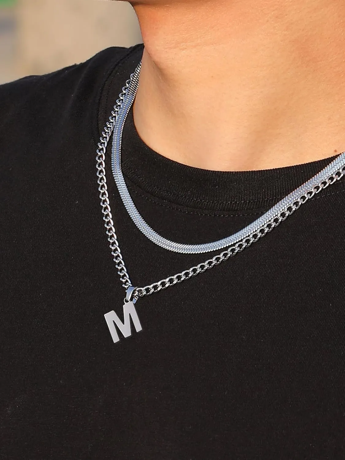 P.BLAKE Layered Initial A-Z Pendant Necklaces Graduation Gifts for Men Boys, Stainless Steel Letter Cuban Link Herringbone Chain Fashion Jewelry Gifts