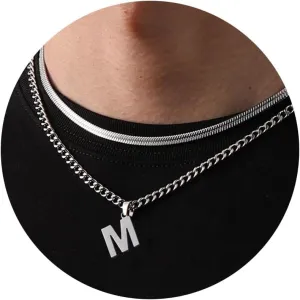 P.BLAKE Layered Initial A-Z Pendant Necklaces Graduation Gifts for Men Boys, Stainless Steel Letter Cuban Link Herringbone Chain Fashion Jewelry Gifts