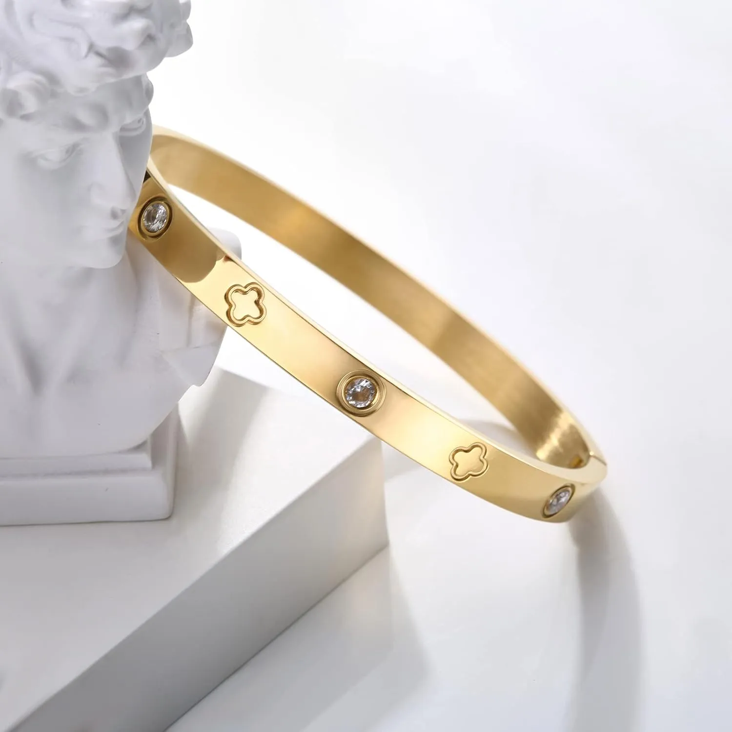 PDWZNBA 18K Gold Plated Love Friendship Bracelets with CZ Stones Trendy Stainless Steel Bangle Jewelry