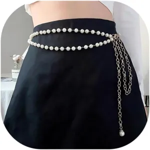 Pearl Belts for Women Layered Dresses Belt 14k Gold Plated Waist Body Chain Charm Pearl Dress Belts Bride Wedding Fashion Jewelry Gifts Accessory