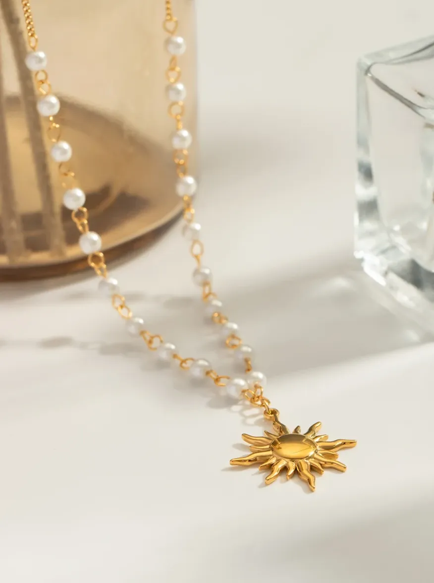 Pearl Chain Sun Pendant Necklace