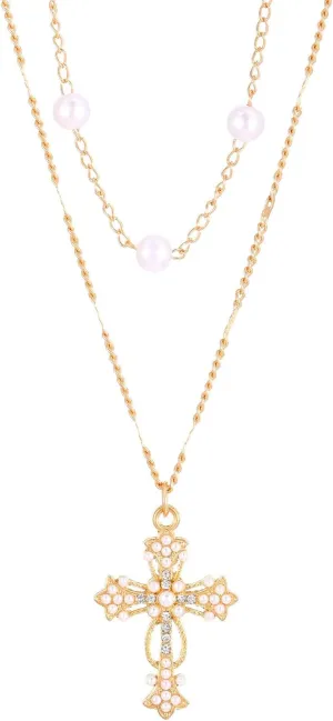 Pearl Cross Necklace for Women,Dainty Pearl Chain Pearl Cross Pendant Layered Necklaces Trendy Crucifix Pendant Choker for Woman Fashion Jewelry