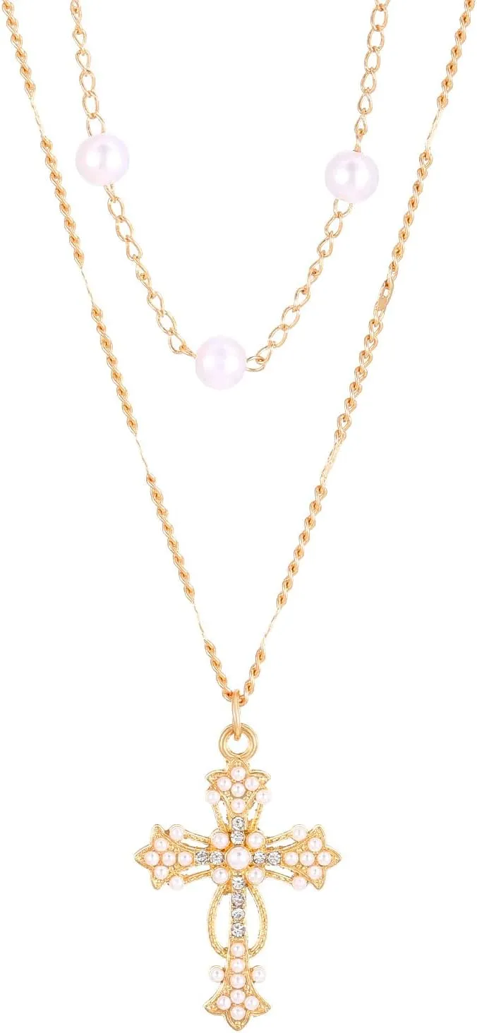 Pearl Cross Necklace for Women,Dainty Pearl Chain Pearl Cross Pendant Layered Necklaces Trendy Crucifix Pendant Choker for Woman Fashion Jewelry
