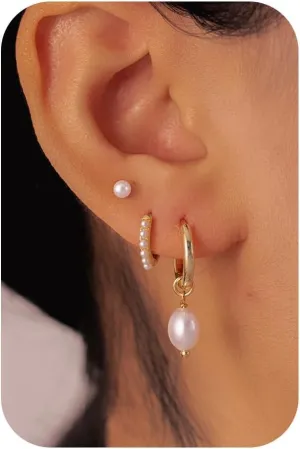 Pearl Earrings-14K Gold Plated Dainty Pearl Huggie Small Hoop Drop Dangle Earrings for Women Bridal Bridesmaids Elegant Wedding Jewelry