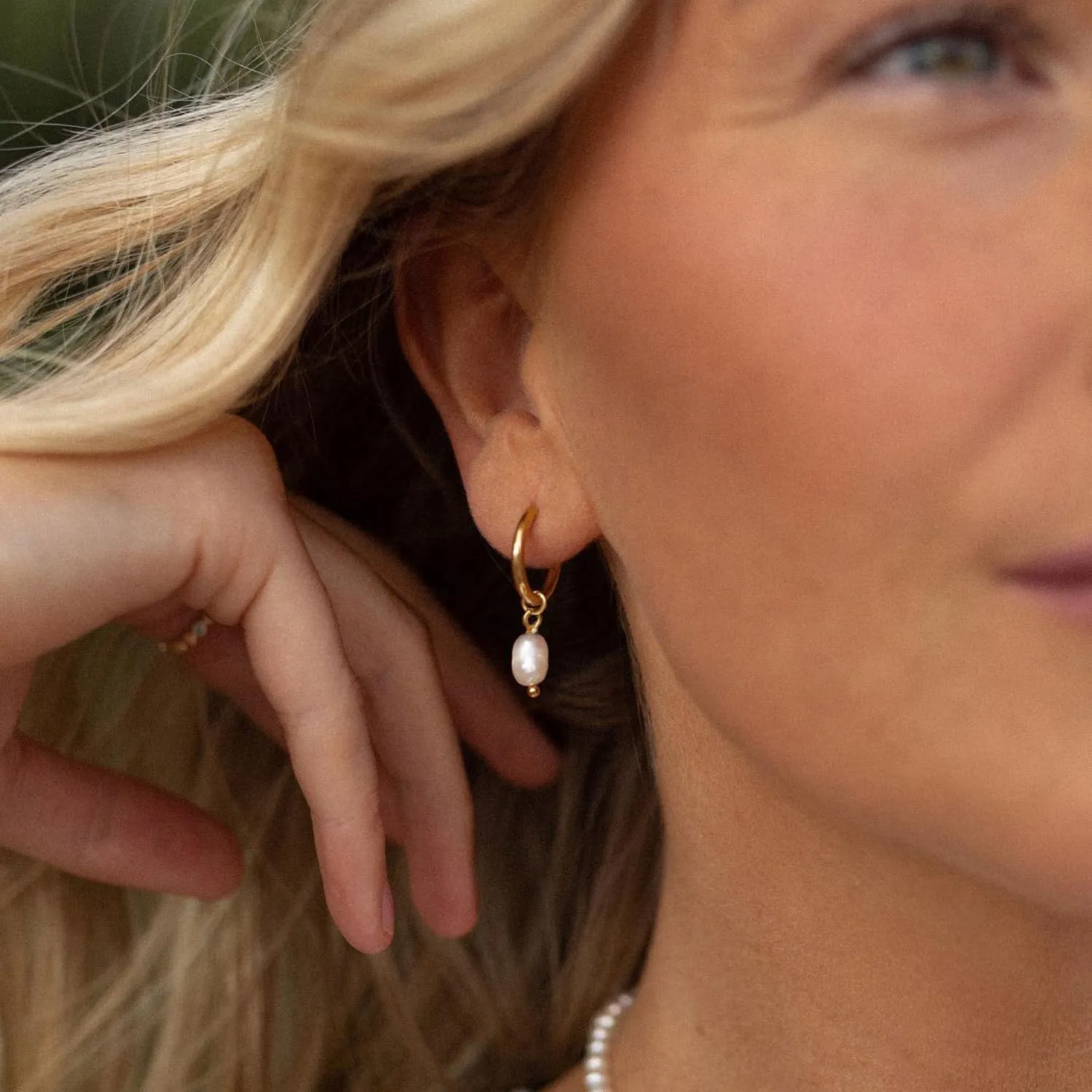 Pearl Earrings-14K Gold Plated Dainty Pearl Huggie Small Hoop Drop Dangle Earrings for Women Bridal Bridesmaids Elegant Wedding Jewelry