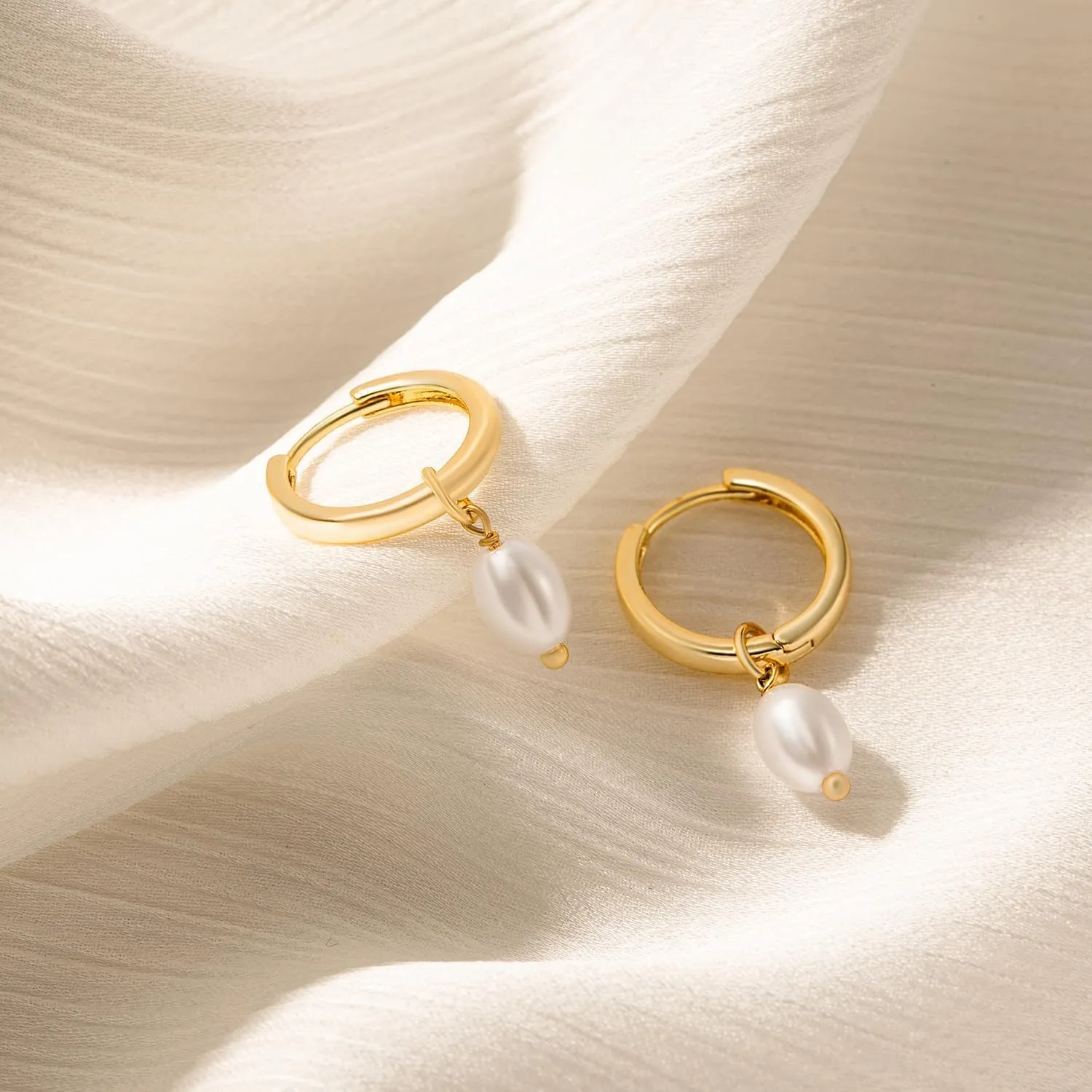 Pearl Earrings-14K Gold Plated Dainty Pearl Huggie Small Hoop Drop Dangle Earrings for Women Bridal Bridesmaids Elegant Wedding Jewelry