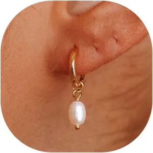 Pearl Earrings-14K Gold Plated Dainty Pearl Huggie Small Hoop Drop Dangle Earrings for Women Bridal Bridesmaids Elegant Wedding Jewelry