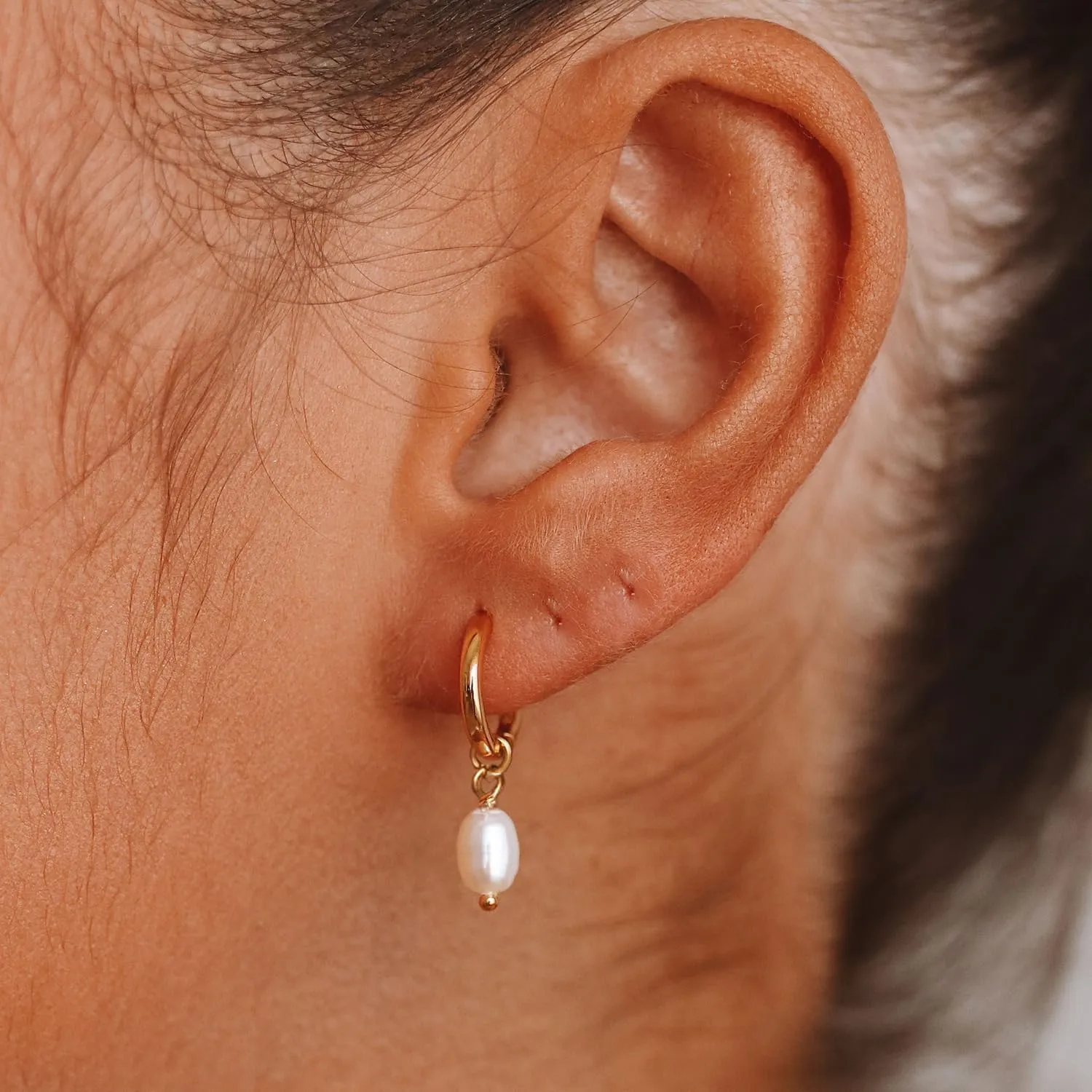 Pearl Earrings-14K Gold Plated Dainty Pearl Huggie Small Hoop Drop Dangle Earrings for Women Bridal Bridesmaids Elegant Wedding Jewelry