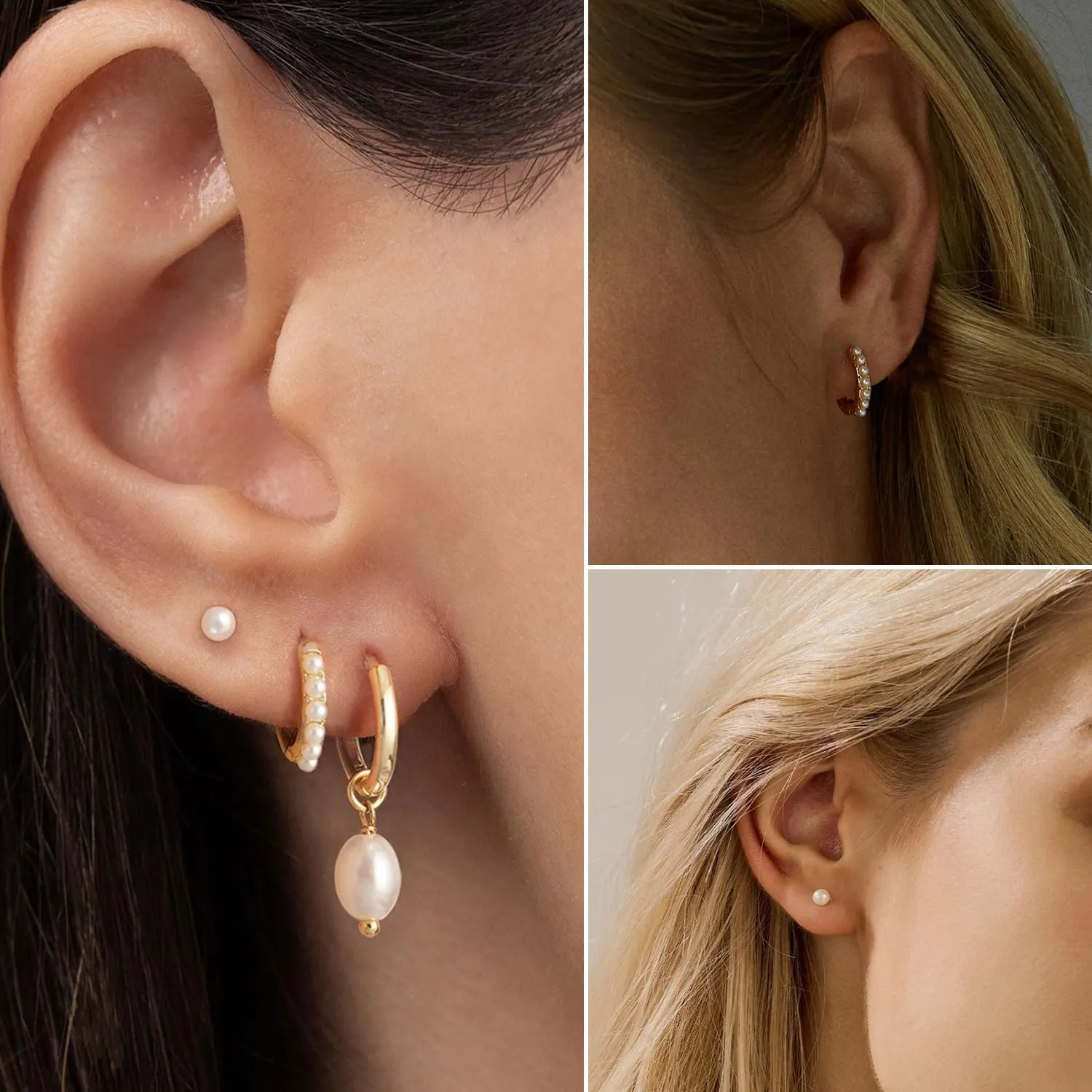 Pearl Earrings-14K Gold Plated Dainty Pearl Huggie Small Hoop Drop Dangle Earrings for Women Bridal Bridesmaids Elegant Wedding Jewelry