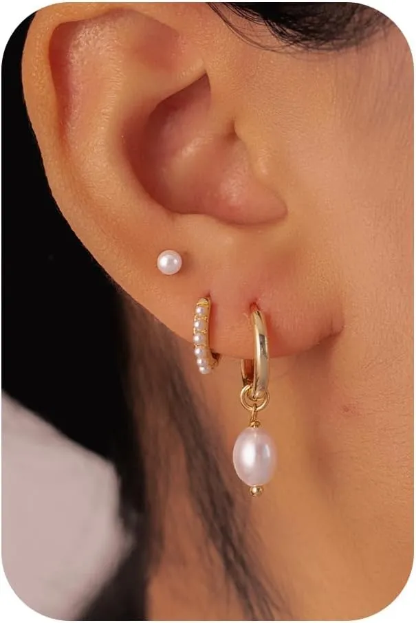 Pearl Earrings-14K Gold Plated Dainty Pearl Huggie Small Hoop Drop Dangle Earrings for Women Bridal Bridesmaids Elegant Wedding Jewelry