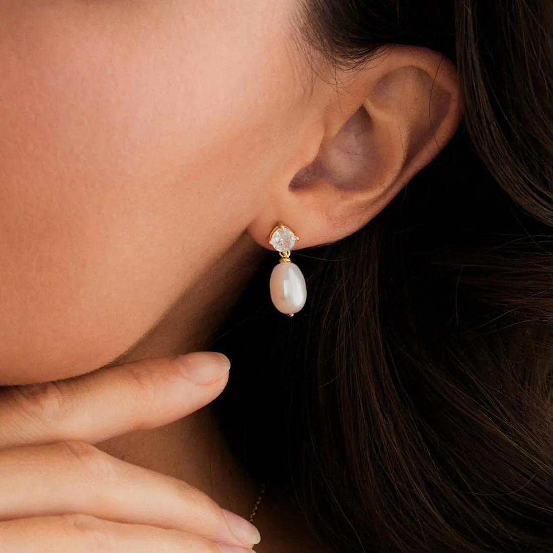Pearl Earrings-14K Gold Plated Dainty Pearl Huggie Small Hoop Drop Dangle Earrings for women