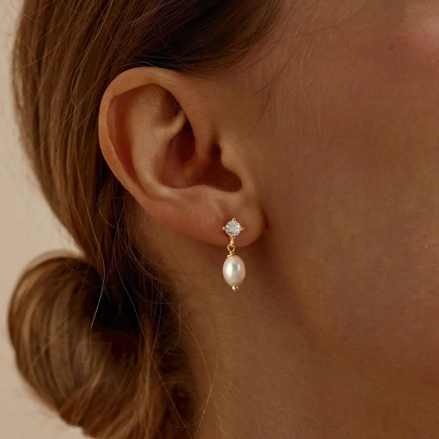 Pearl Earrings-14K Gold Plated Dainty Pearl Huggie Small Hoop Drop Dangle Earrings for women