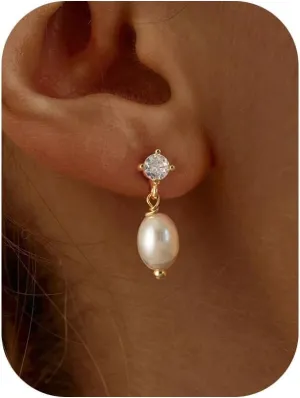 Pearl Earrings-14K Gold Plated Dainty Pearl Huggie Small Hoop Drop Dangle Earrings for women