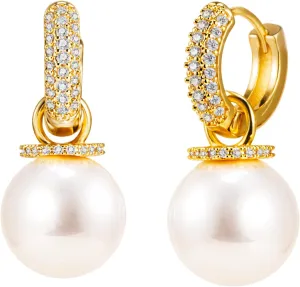 Pearl Earrings for Women, 18K Gold Plated Vintage Hoop Earrings Dangling, Elegant Pearl Jewelry for Prom Bridal Jewelry