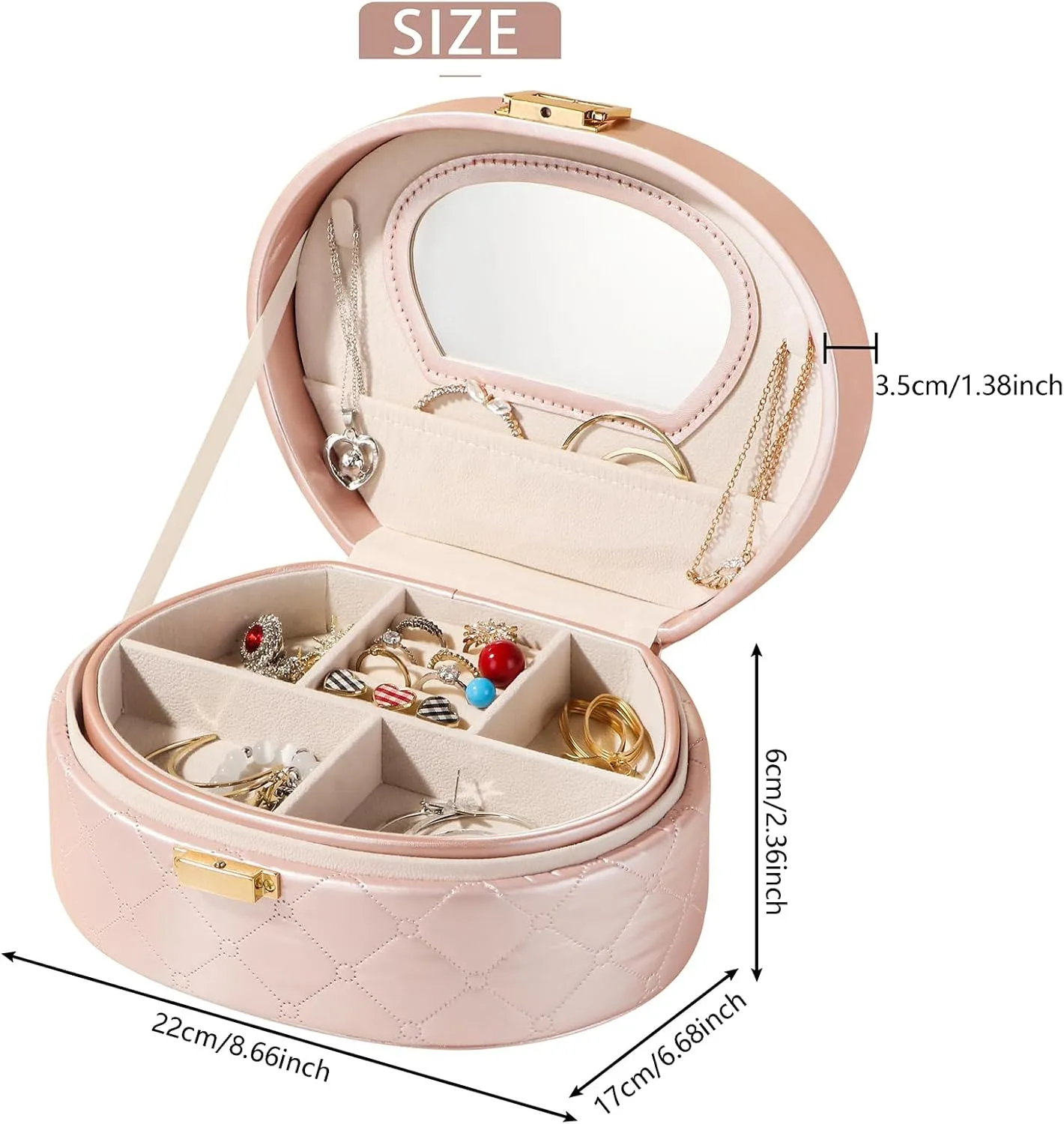 Pearl red Multi-tier Jewelry Box, Large Space with Mirror, PU Waterproof Surface Round Jewelry Organizer Earrings Stud Earrings Ring, Suitable for Girls Ladies Holiday Gift Travel Carrying