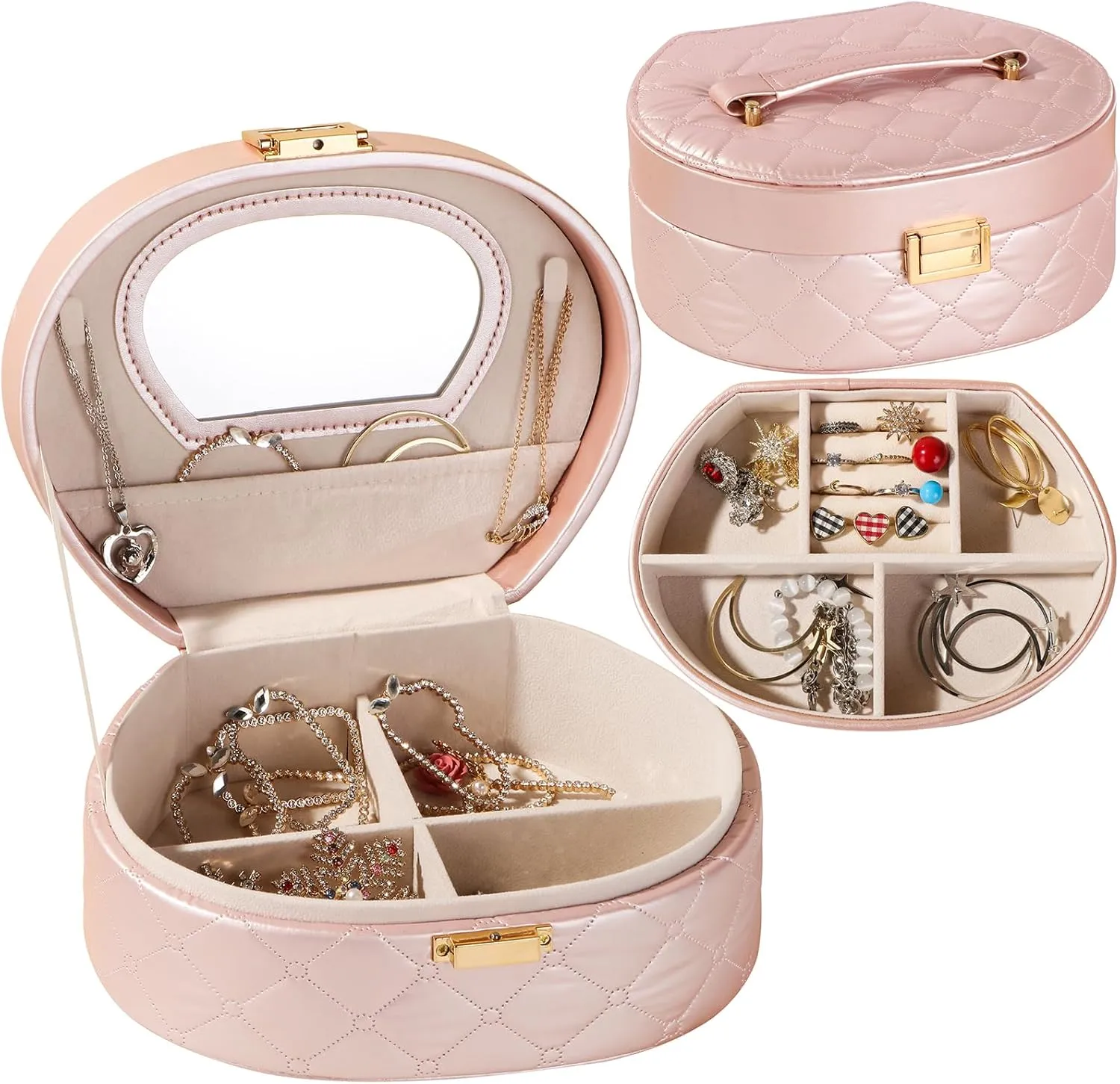 Pearl red Multi-tier Jewelry Box, Large Space with Mirror, PU Waterproof Surface Round Jewelry Organizer Earrings Stud Earrings Ring, Suitable for Girls Ladies Holiday Gift Travel Carrying