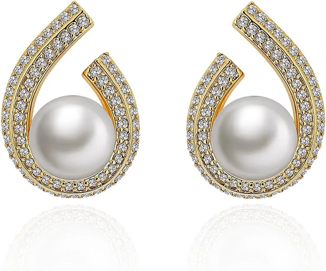 Pearl Stud Earrings for Women,Formal Brass Statement Round White Pearl Earrings For Party Prom Wedding