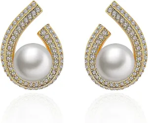 Pearl Stud Earrings for Women,Formal Brass Statement Round White Pearl Earrings For Party Prom Wedding