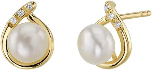 Peora Freshwater Cultured White Pearl Stud Earrings in 14K Yellow Gold, Round Button Shape, 6.50mm Teardrop Halo Solitaire, Friction Backs, Pearl Earrings Studs, June Birthstone