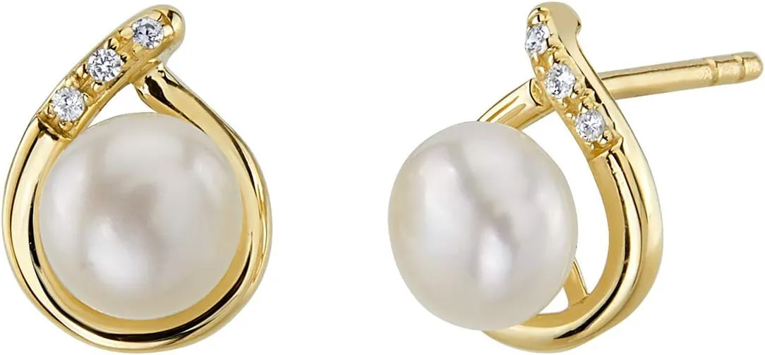 Peora Freshwater Cultured White Pearl Stud Earrings in 14K Yellow Gold, Round Button Shape, 6.50mm Teardrop Halo Solitaire, Friction Backs, Pearl Earrings Studs, June Birthstone