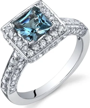 PEORA London Blue Topaz Princess Cut Ring in Sterling Silver, Natural Gemstone, Vintage Halo Solitaire Design, 1.00 Carat total, Comfort Fit, Sizes 5 to 9